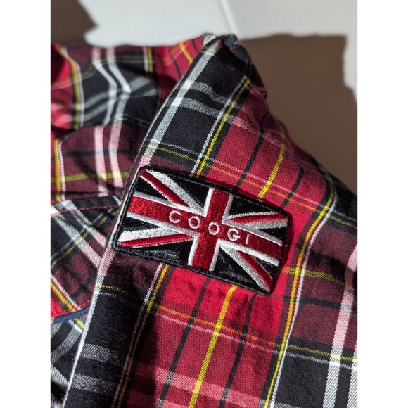 Coogi Mens Button Down Shirt Plaid Union Jack Patches Long Sleeve Pockets XXXL - Picture 3 of 8